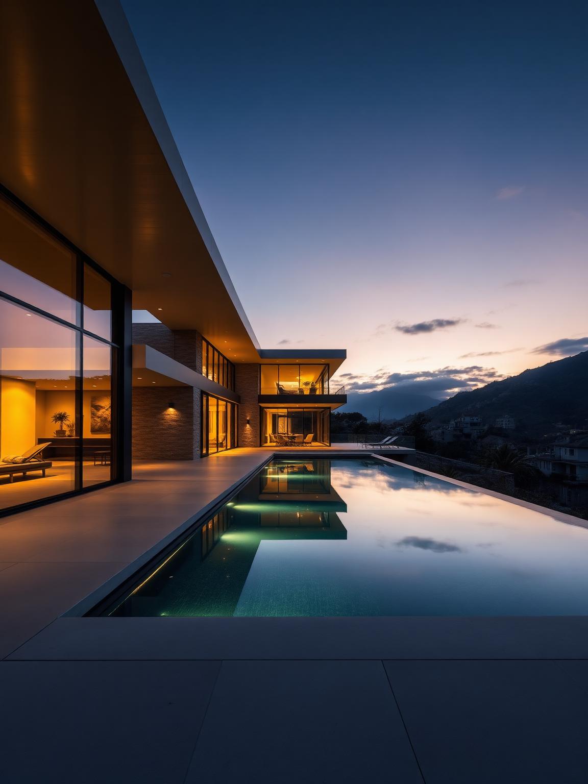 Luxury modern villa at dusk