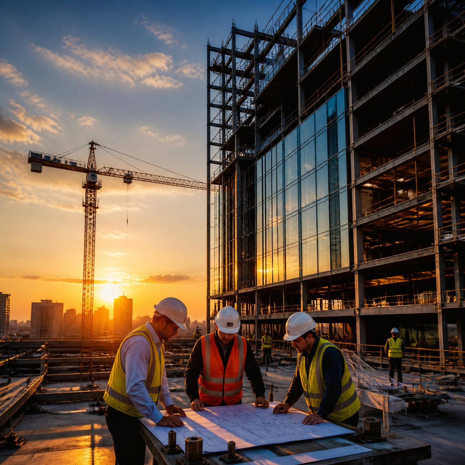 Engineers reviewing blueprints on a modern construction site at sunset